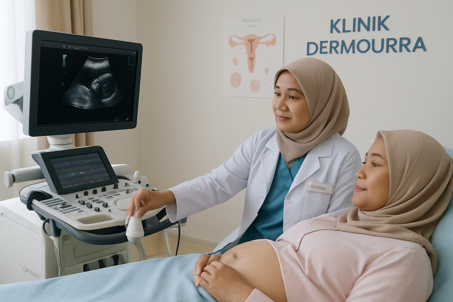 A medical professional performing a 2D ultrasound scan on a patient's abdomen, showing the ultrasound machine screen with a black-and-white 2D image.