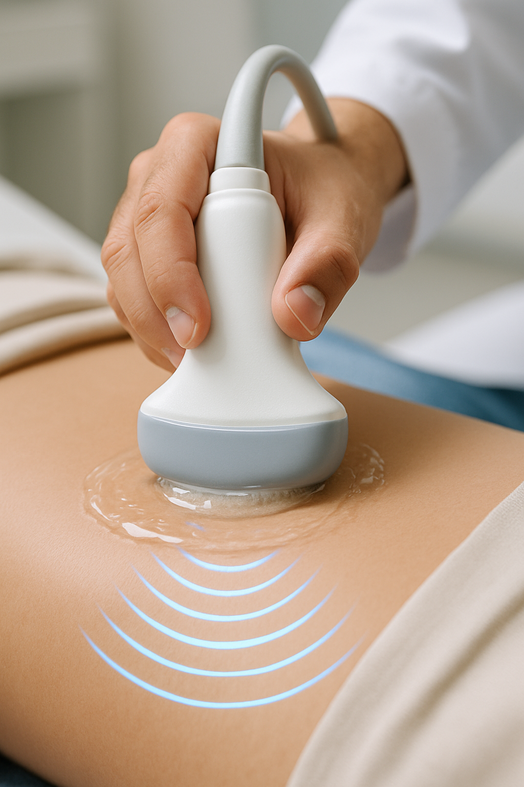 Close-up illustration of the ultrasound procedure showing the transducer, gel being applied on the skin, and sound waves traveling into the body to create images of internal organs.