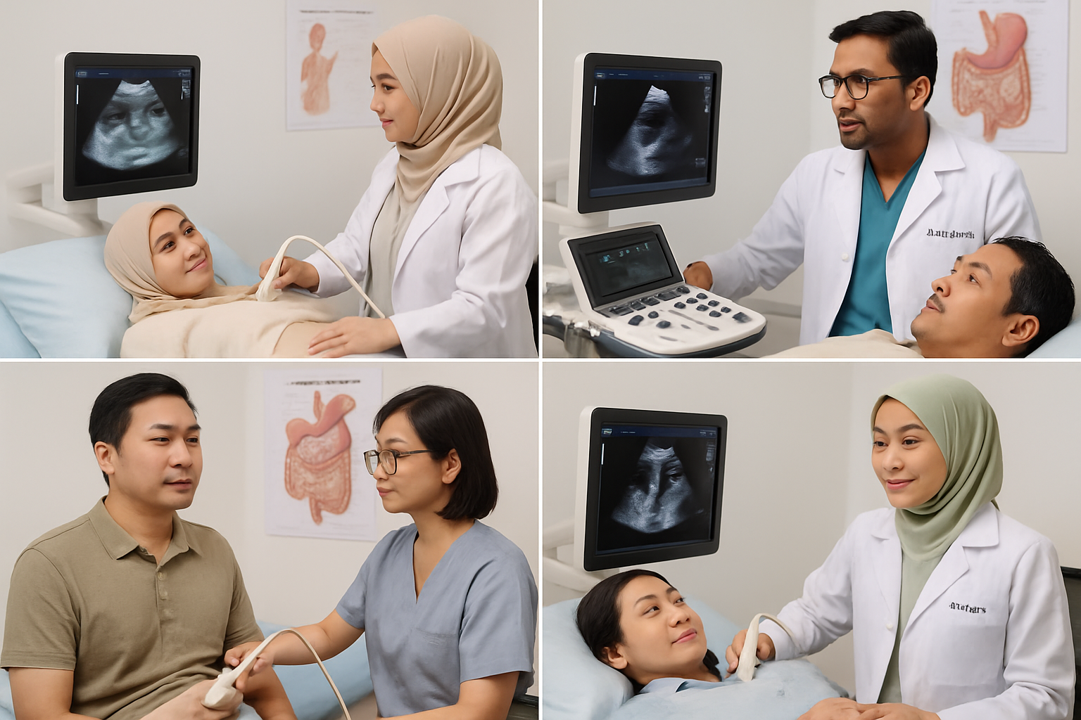 A collage representing the medical uses of 2D ultrasound: monitoring a fetus in obstetrics, examining the heart in cardiology, identifying liver and pancreas issues in gastroenterology, and assessing kidneys and bladder in urology.