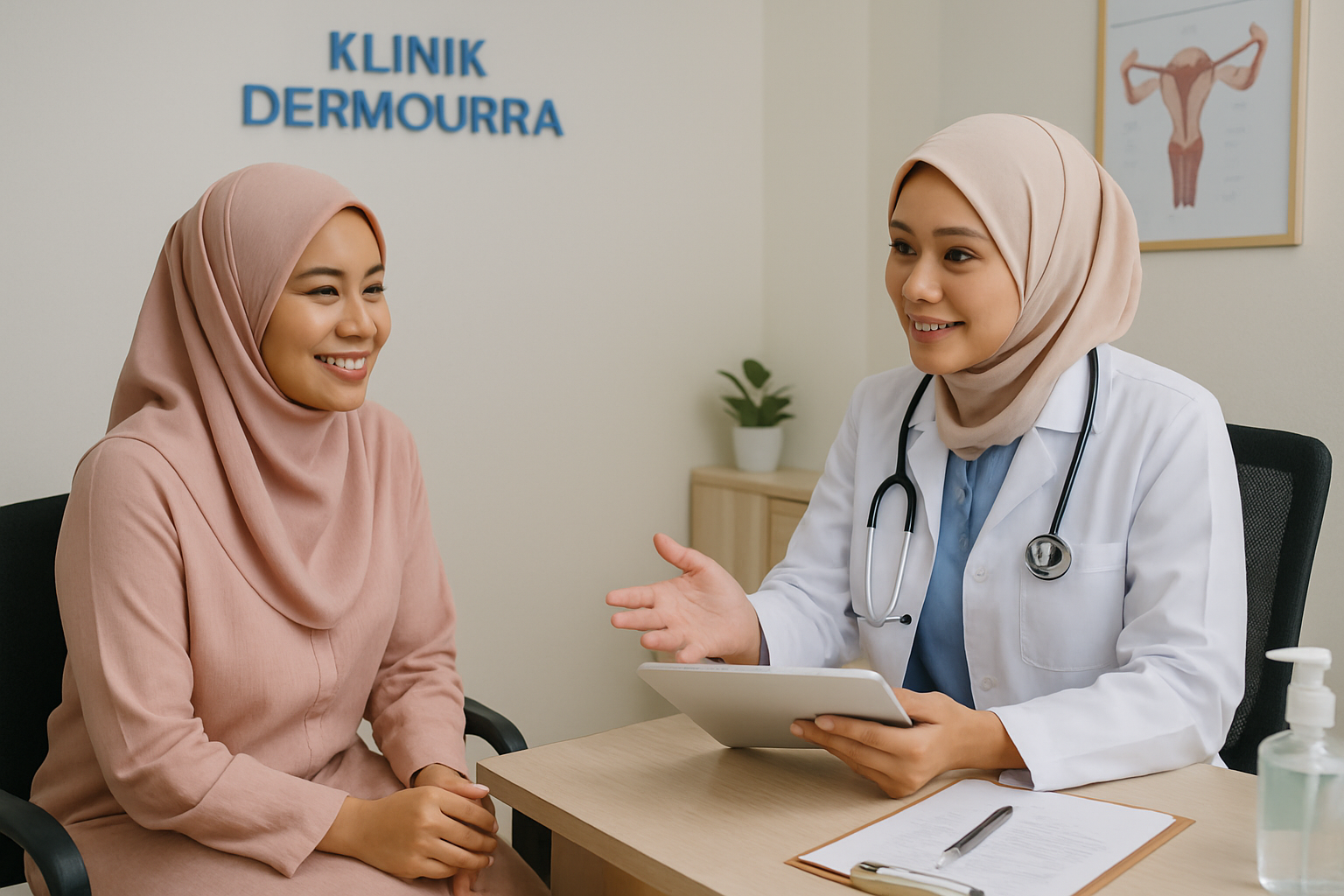 The patient experience at Klinik Dermourra Seri Manjung: a friendly clinical setting with a healthcare professional explaining the procedure and providing care and consultation to the patient.
