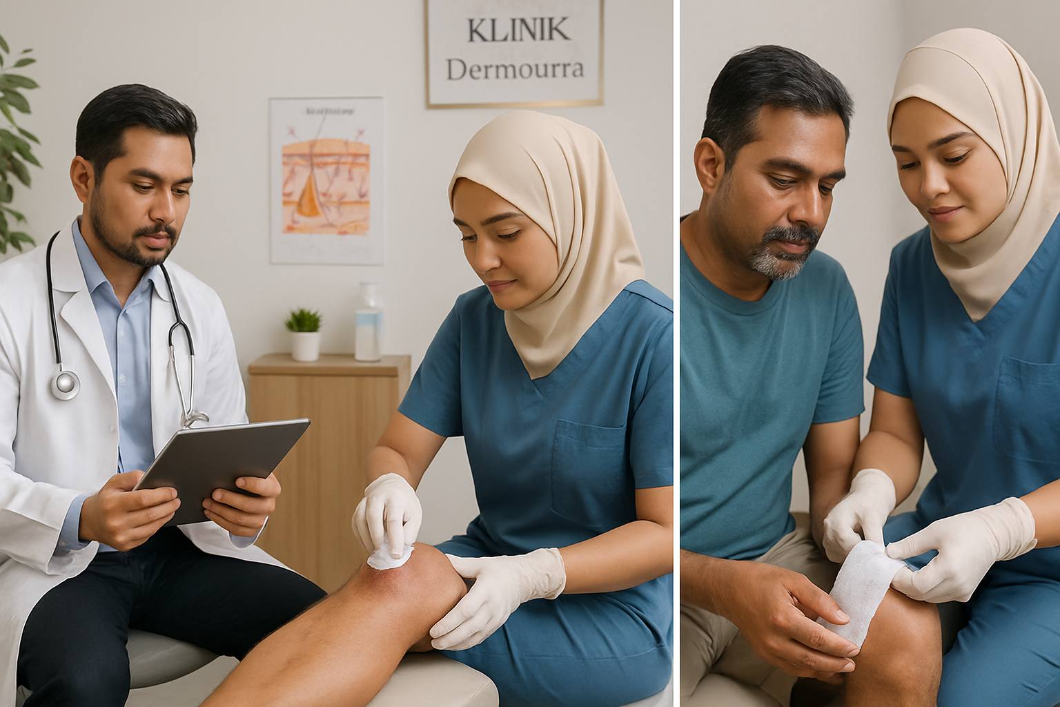 Visual proses rawatan di klinik penjagaan luka termasuk pemeriksaan doktor, pembersihan luka, dan pembalutan profesional.