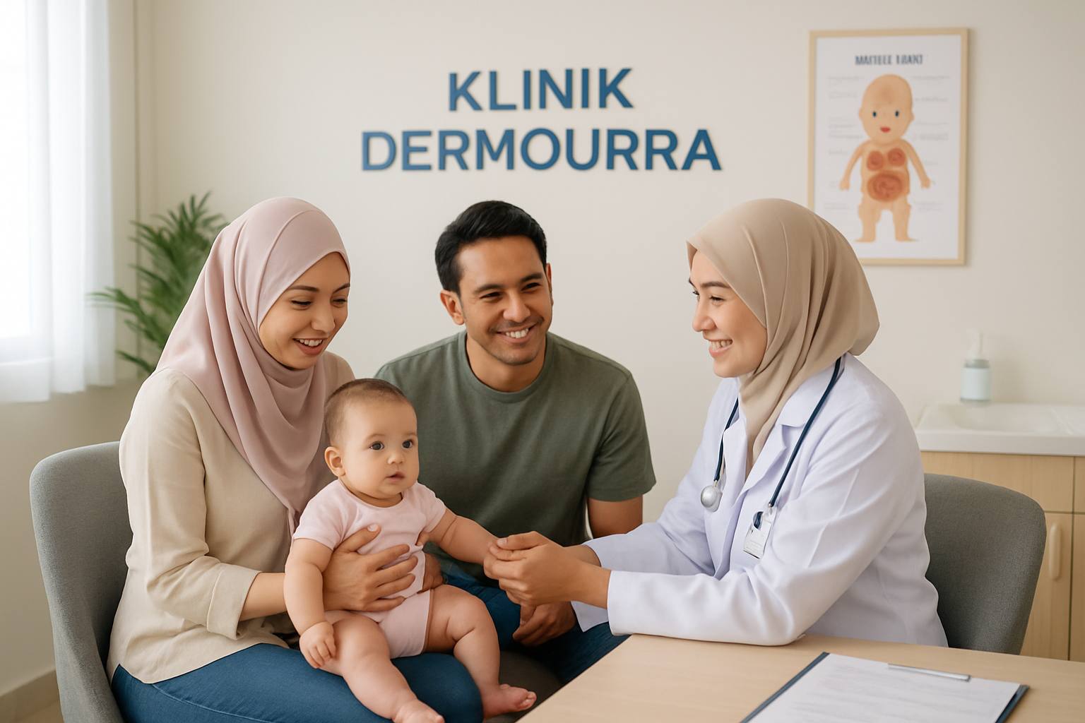 Ilustrasi proses sunat bayi perempuan yang ringan dan selamat, menunjukkan prosedur oleh doktor pakar dengan peralatan steril.