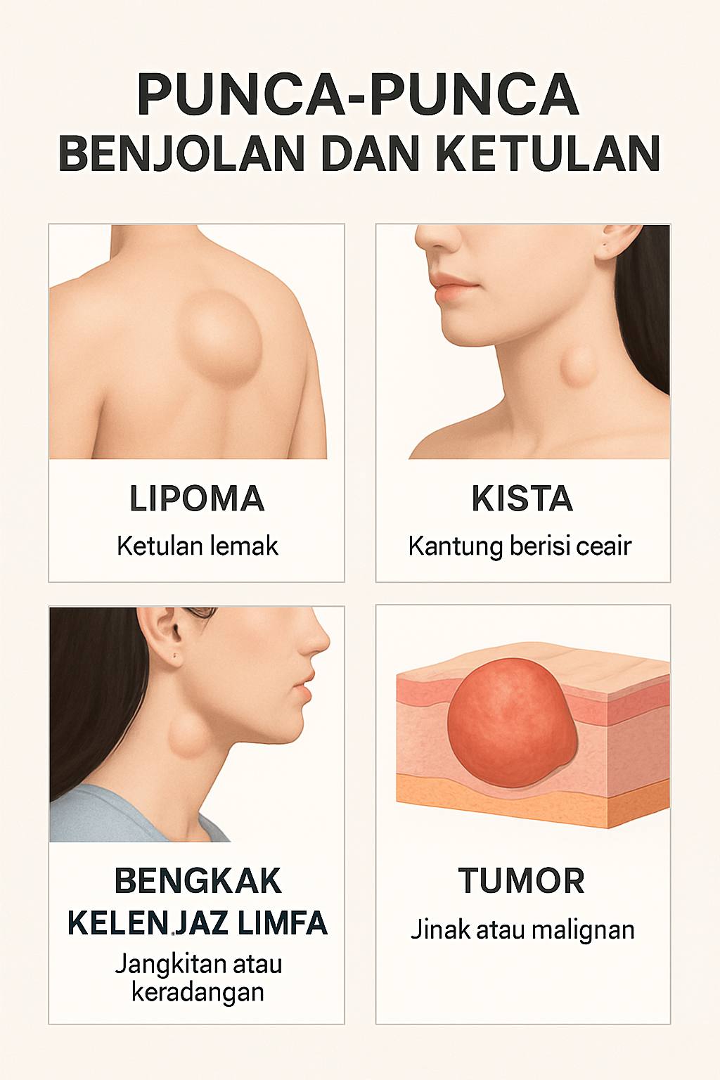 Gambar representasi punca-punca benjolan dan ketulan seperti lipoma, sista, bengkak kelenjar limfa dan tumor jinak/malignan dalam konteks perubatan di Malaysia.