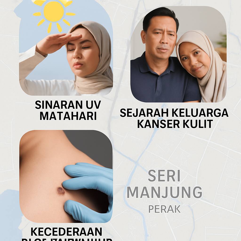 Gambaran faktor risiko seperti sinaran UV matahari, sejarah keluarga kanser kulit, dan kecederaan pada tahi lalat dengan latar belakang peta Seri Manjung, Perak.