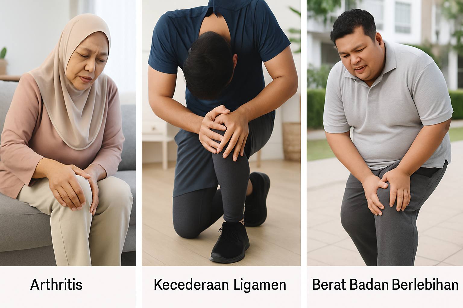 Gambar punca sakit lutut seperti arthritis, kecederaan ligamen, dan berat badan berlebihan dalam konteks kehidupan seharian atau aktiviti fizikal.