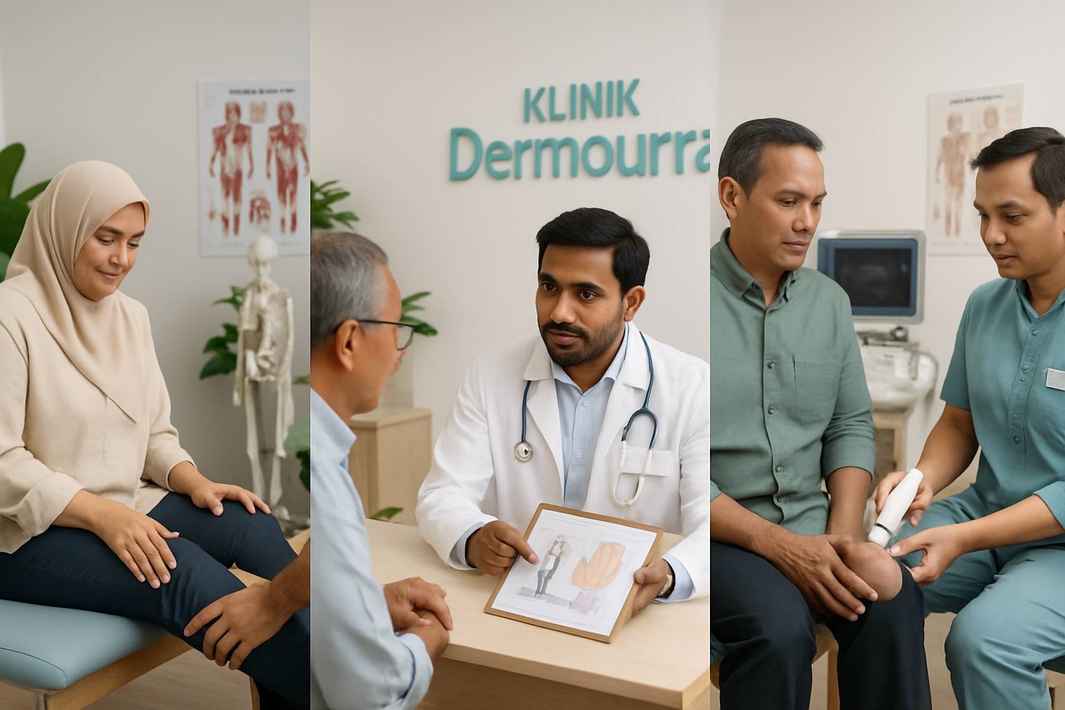 Visual rawatan sakit lutut di Klinik Dermourra, Seri Manjung termasuk sesi fisioterapi, doktor memberikan konsultasi, dan terapi ubatan moden.
