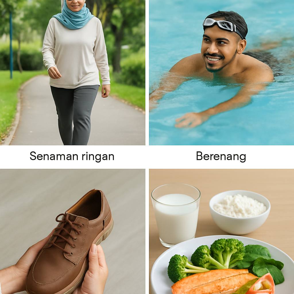 Imej aktiviti pencegahan sakit lutut seperti senaman ringan berjalan kaki, berenang, penggunaan kasut yang sesuai, serta diet seimbang kaya kalsium dan vitamin D.