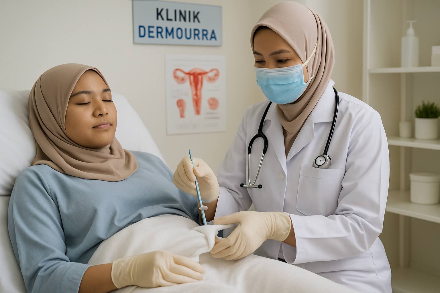 Gambar seorang wanita menjalani prosedur Pap smear di klinik, menunjukkan pengambilan sampel dari permukaan serviks (ectocervix) oleh doktor berpengalaman.