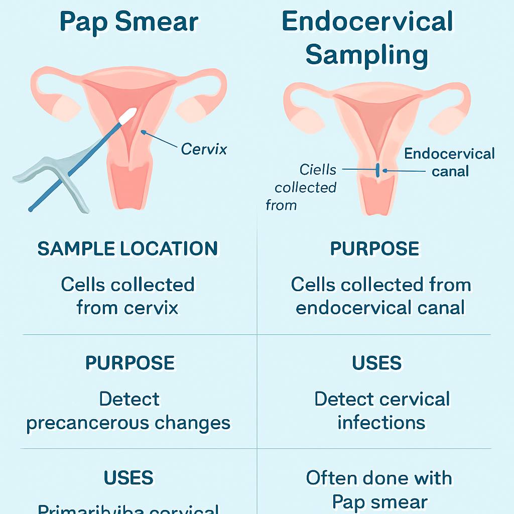 Grafik perbandingan antara Pap smear dan endocervical sampling yang menekankan perbezaan lokasi sampel, tujuan ujian, dan kegunaan masing-masing dalam saringan kesihatan serviks.