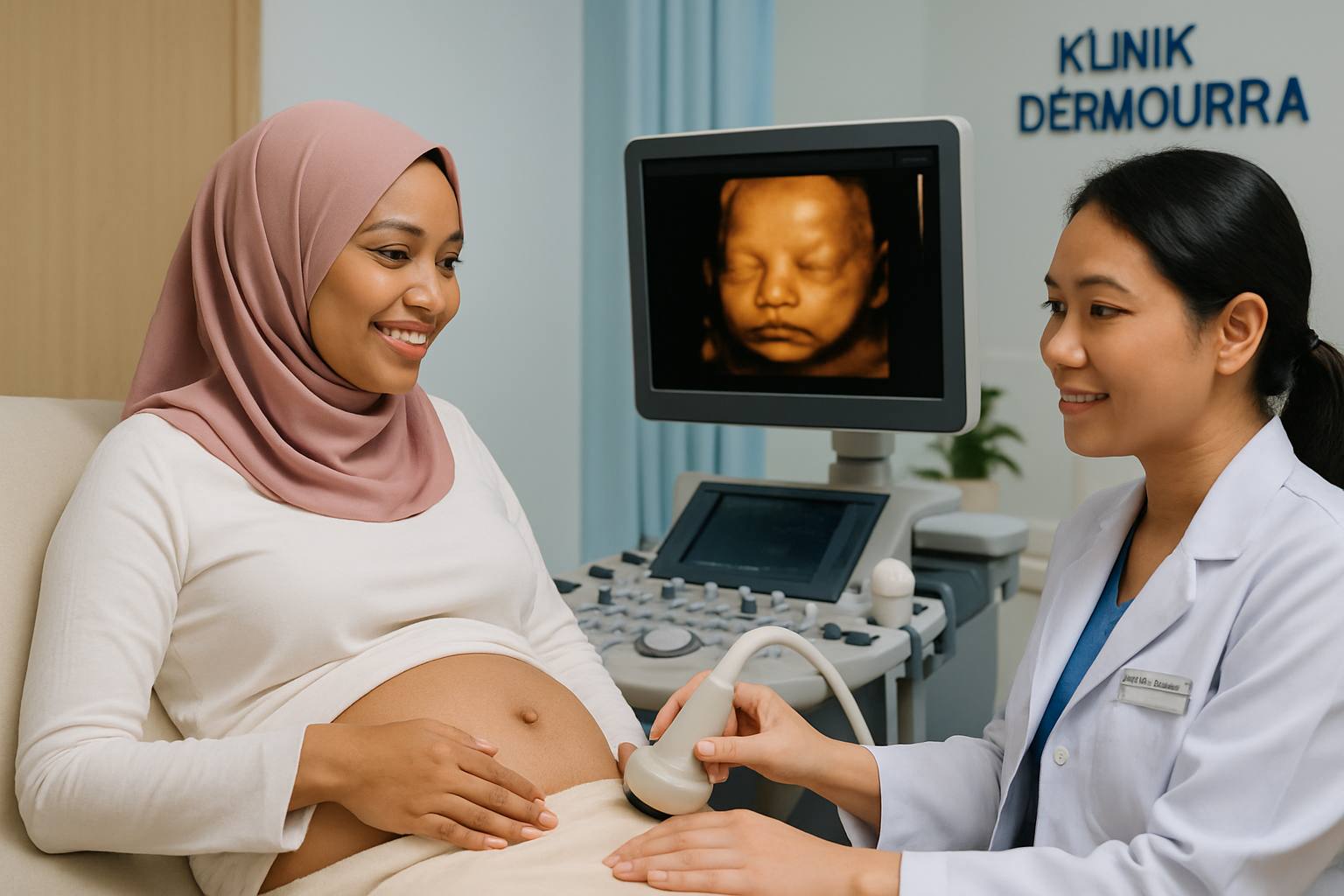 Ibu mengandung melihat imbasan ultrasound 4D bayi dalam rahim dengan jelas, menunjukkan pergerakan janin dan ekspresi muka bayi yang nyata.