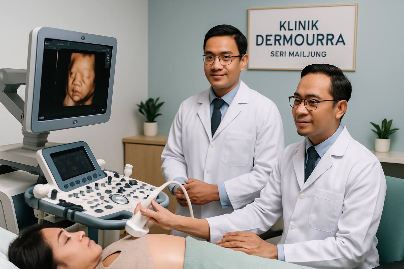 Gambar peralatan ultrasound 4D terkini di Klinik Dermourra, Seri Manjung, dengan juruteknologi dan doktor berpengalaman sedang menjalankan imbasan.