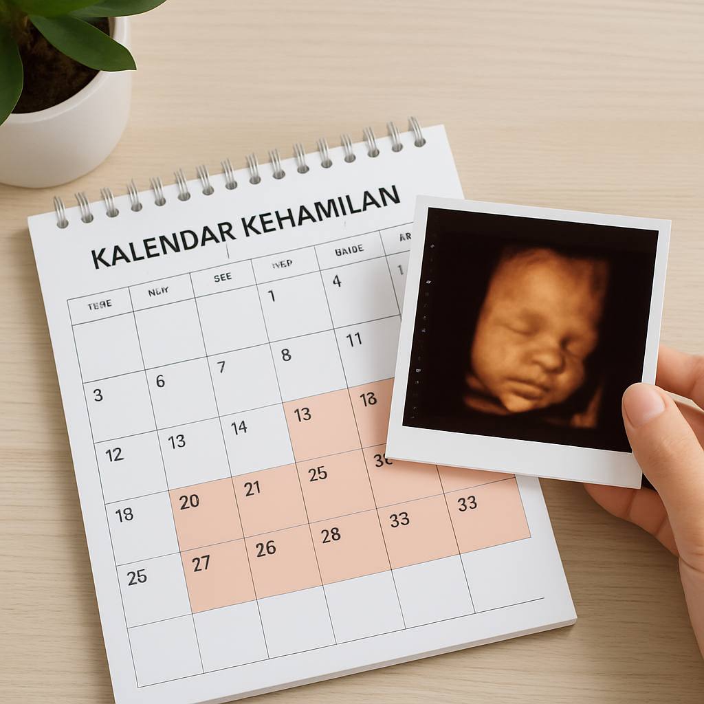 Ilustrasi masa yang sesuai untuk mendapatkan imbasan ultrasound 4D, menunjukkan kalendar kehamilan minggu ke-24 hingga minggu ke-32.