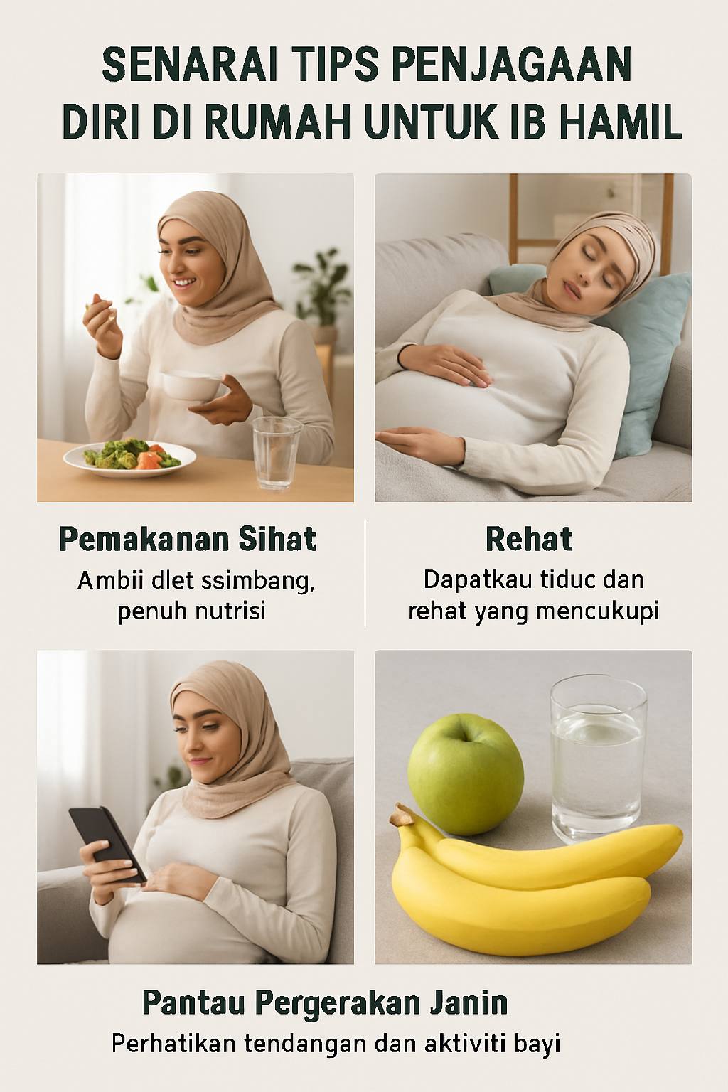 Senarai tips penjagaan diri di rumah untuk ibu hamil, termasuk pemakanan sihat, rehat, dan memantau pergerakan janin dengan penuh perhatian.