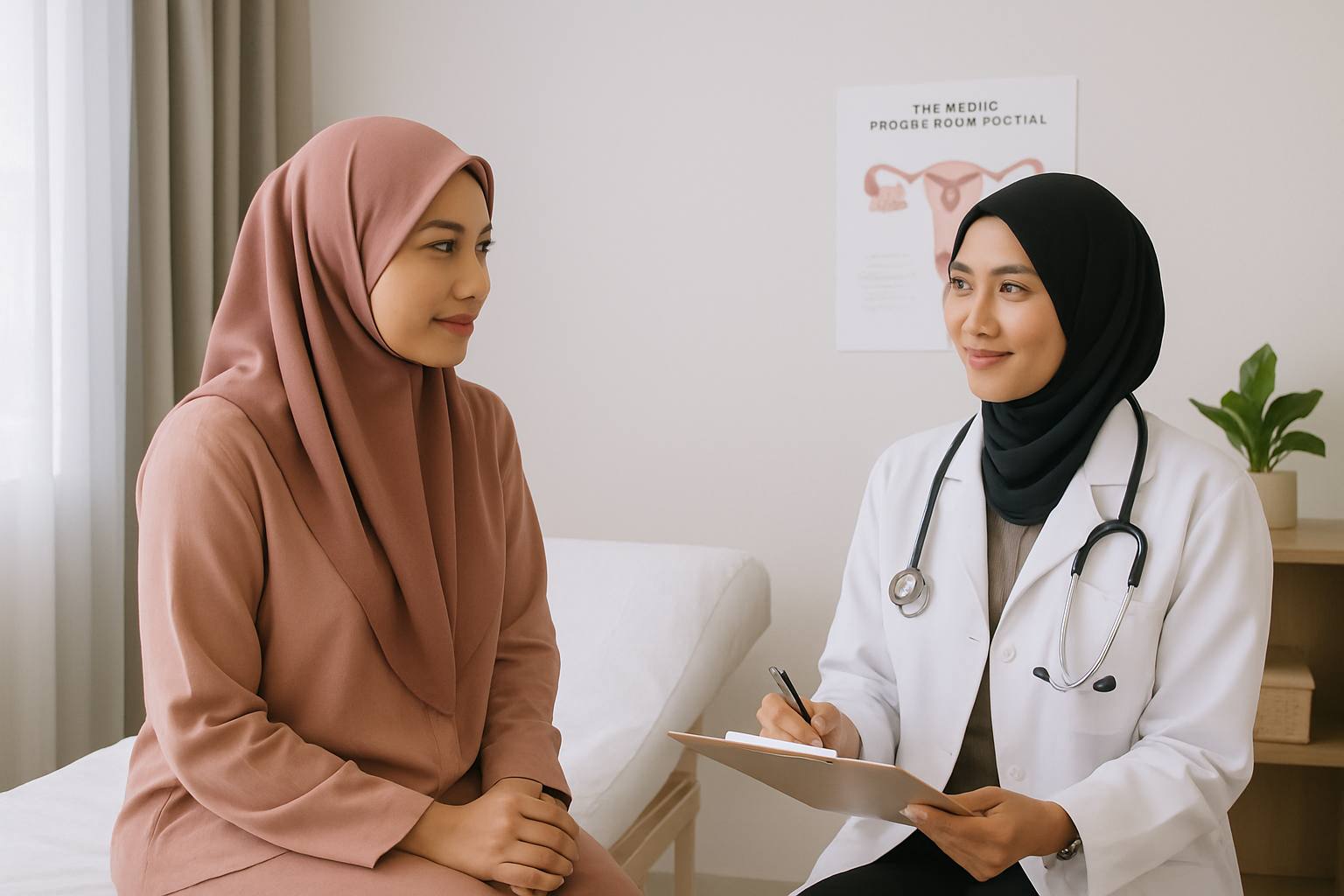 A woman visiting a clinic for a comprehensive women's health check-up with a female doctor in Seri Manjung, showcasing a caring and professional clinic environment.
