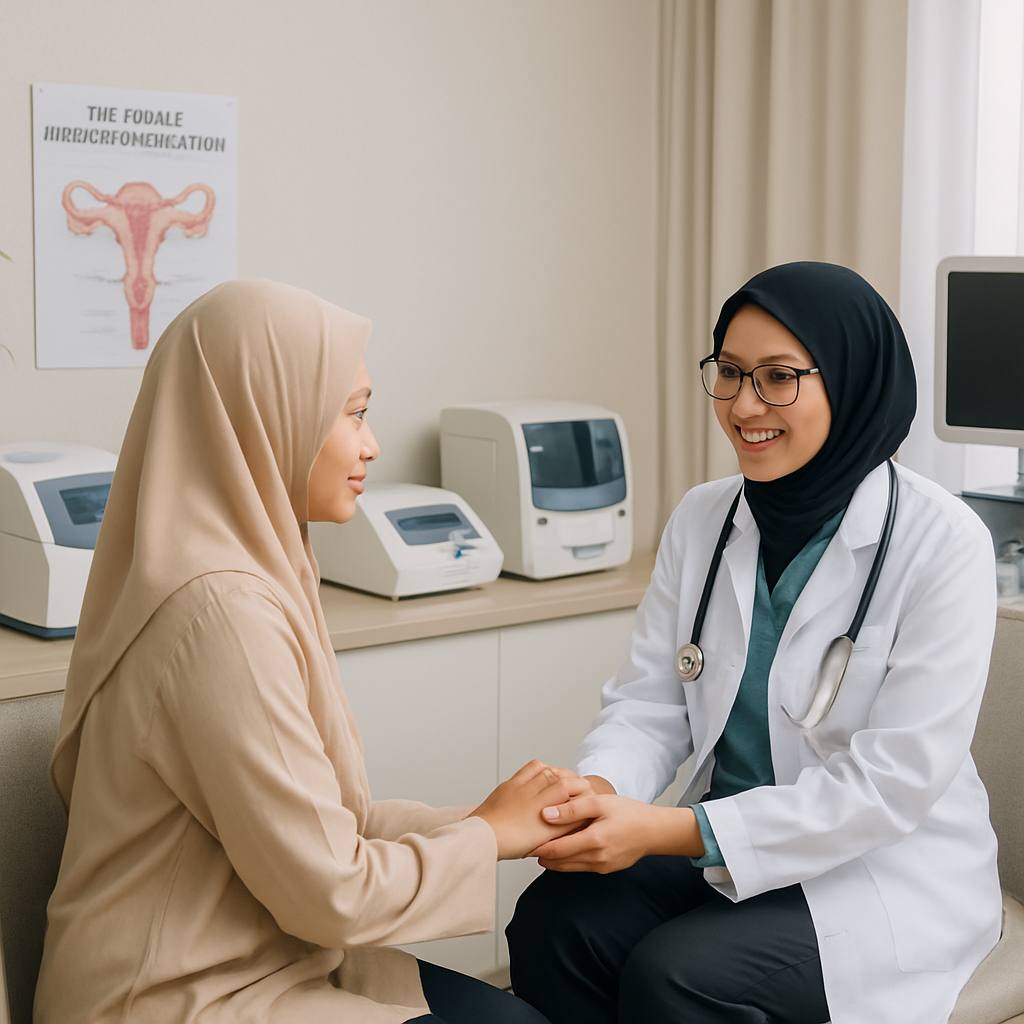 A welcoming and private clinic setting in Seri Manjung showing medical equipment for lab tests and ultrasonography, with friendly healthcare providers giving advice and support to women patients.