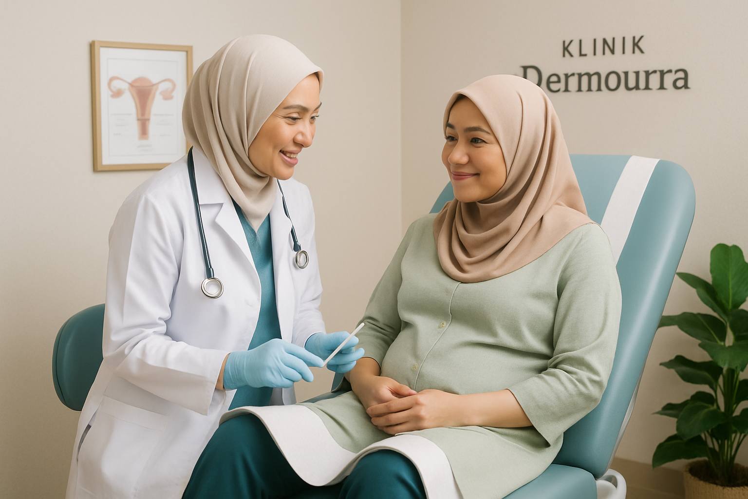 Ilustrasi ujian pap smear di klinik dengan doktor dan pesakit wanita di Seri Manjung, menunjukkan prosedur yang cepat dan mesra pesakit.