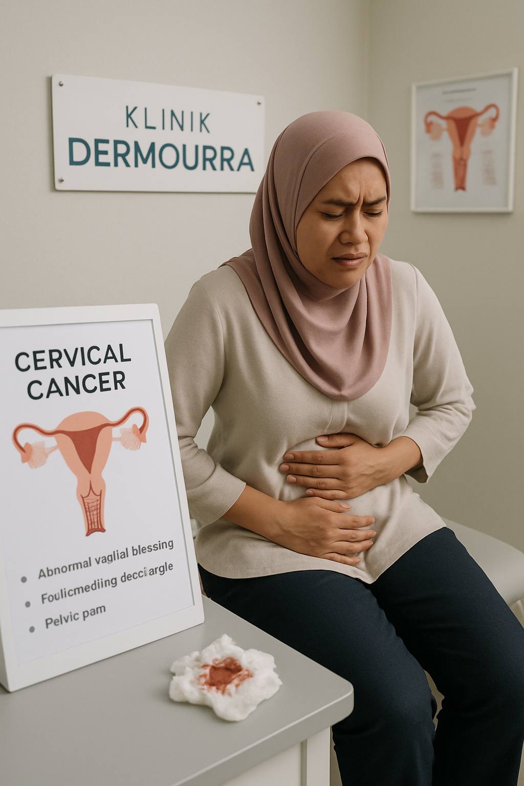 Gambar yang menggambarkan gejala kanser serviks seperti pendarahan faraj tidak normal, keputihan berbau, dan sakit pelvis untuk meningkatkan kesedaran.