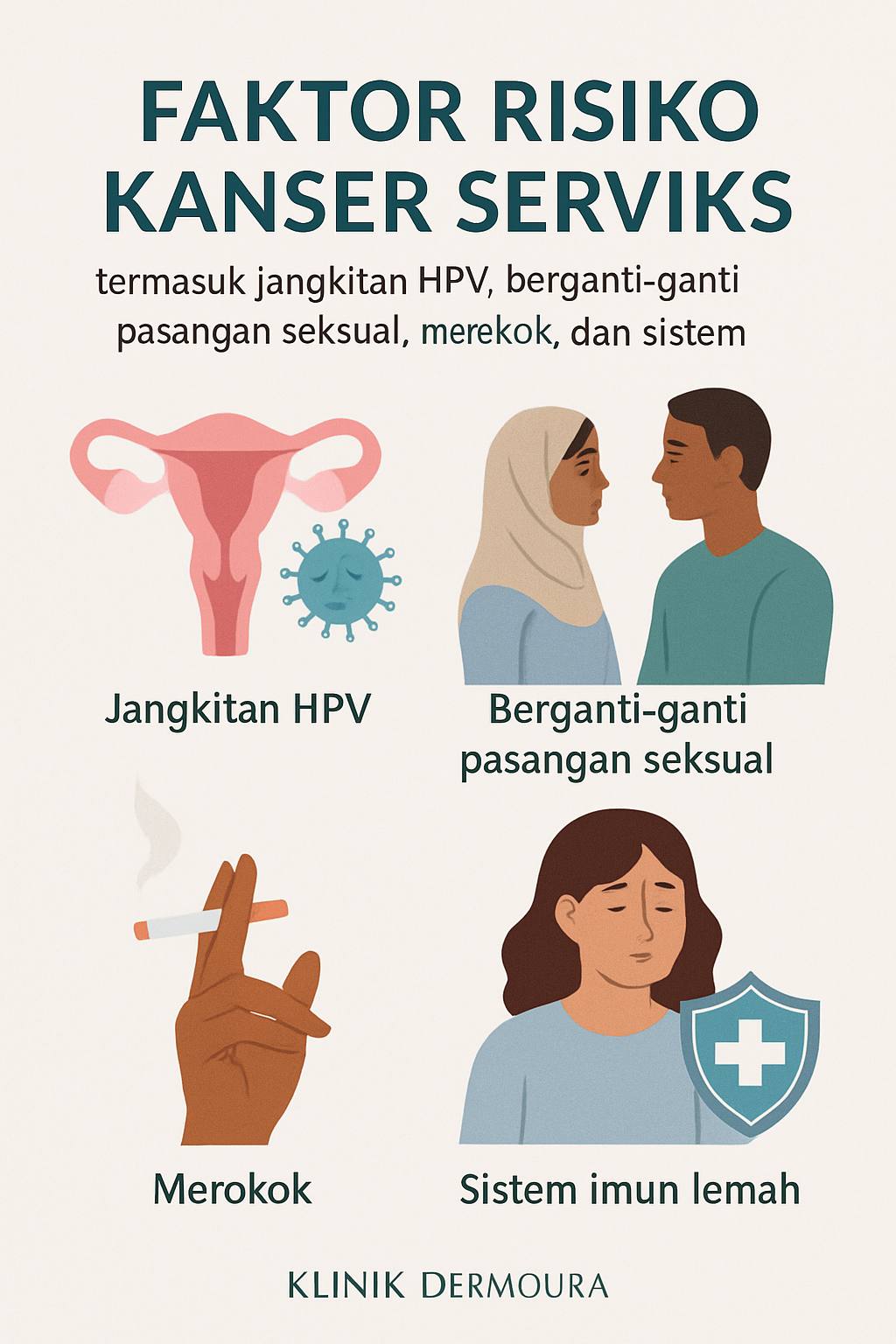 Grafik faktor risiko kanser serviks termasuk jangkitan HPV, berganti-ganti pasangan seksual, merokok, dan sistem imun lemah.