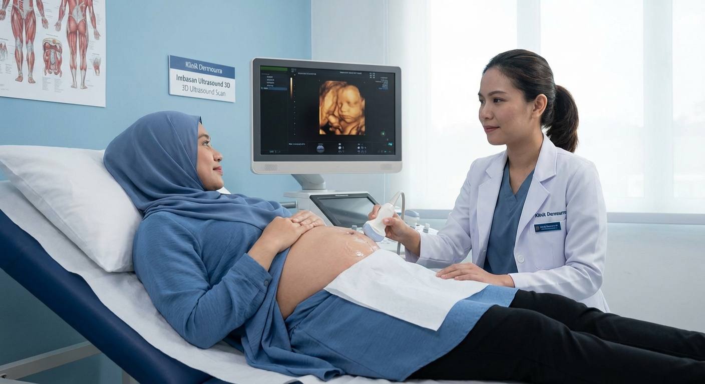 Imej wanita hamil di Klinik Dermourra sedang menjalani prosedur imbasan ultrasound 3D Doppler dengan alat ultrasound dan gel pada perut.