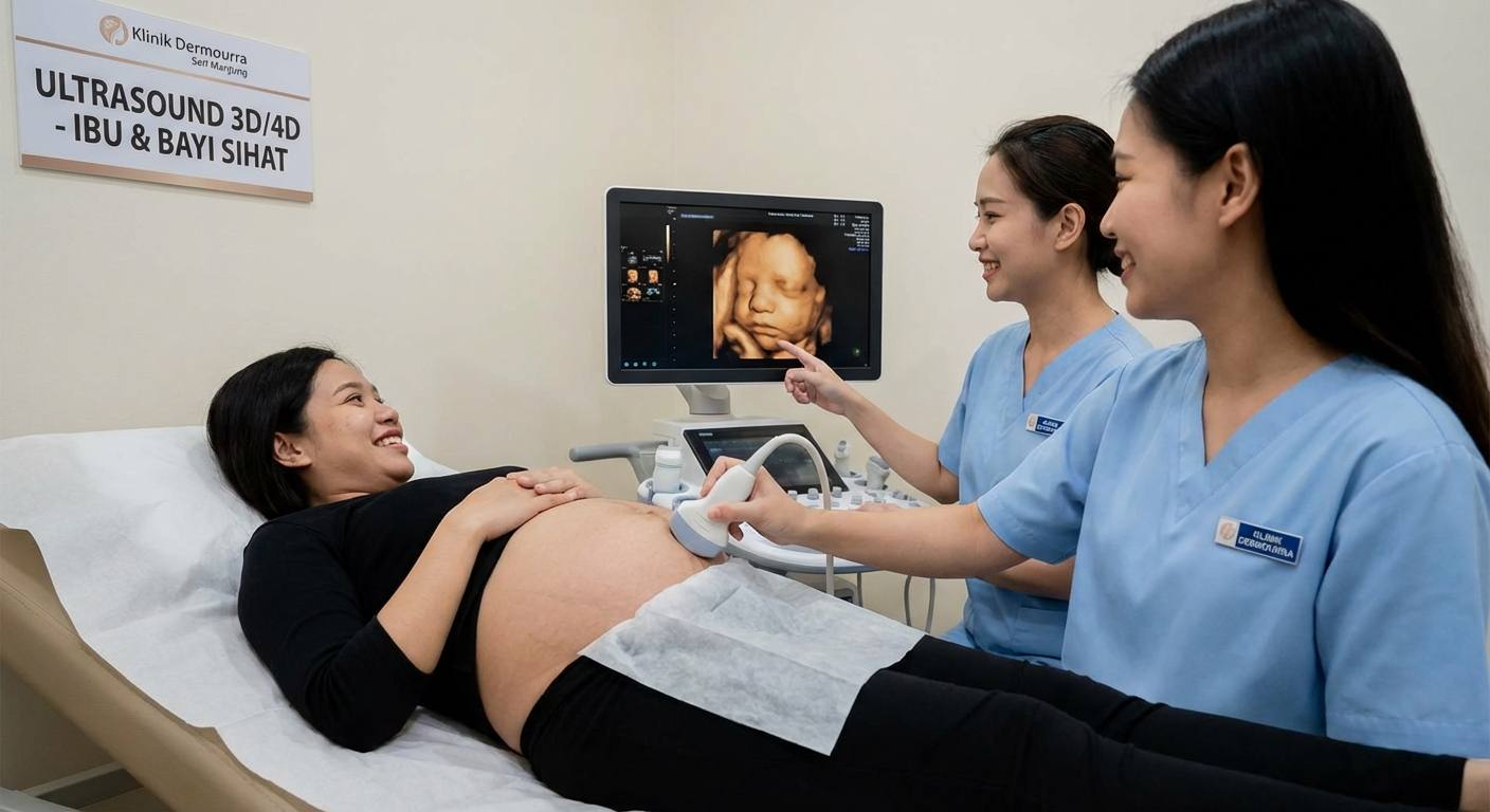 Imej 3D ultrasound menunjukkan wajah dan pergerakan bayi dalam rahim ibu hamil di Klinik Dermourra Seri Manjung.