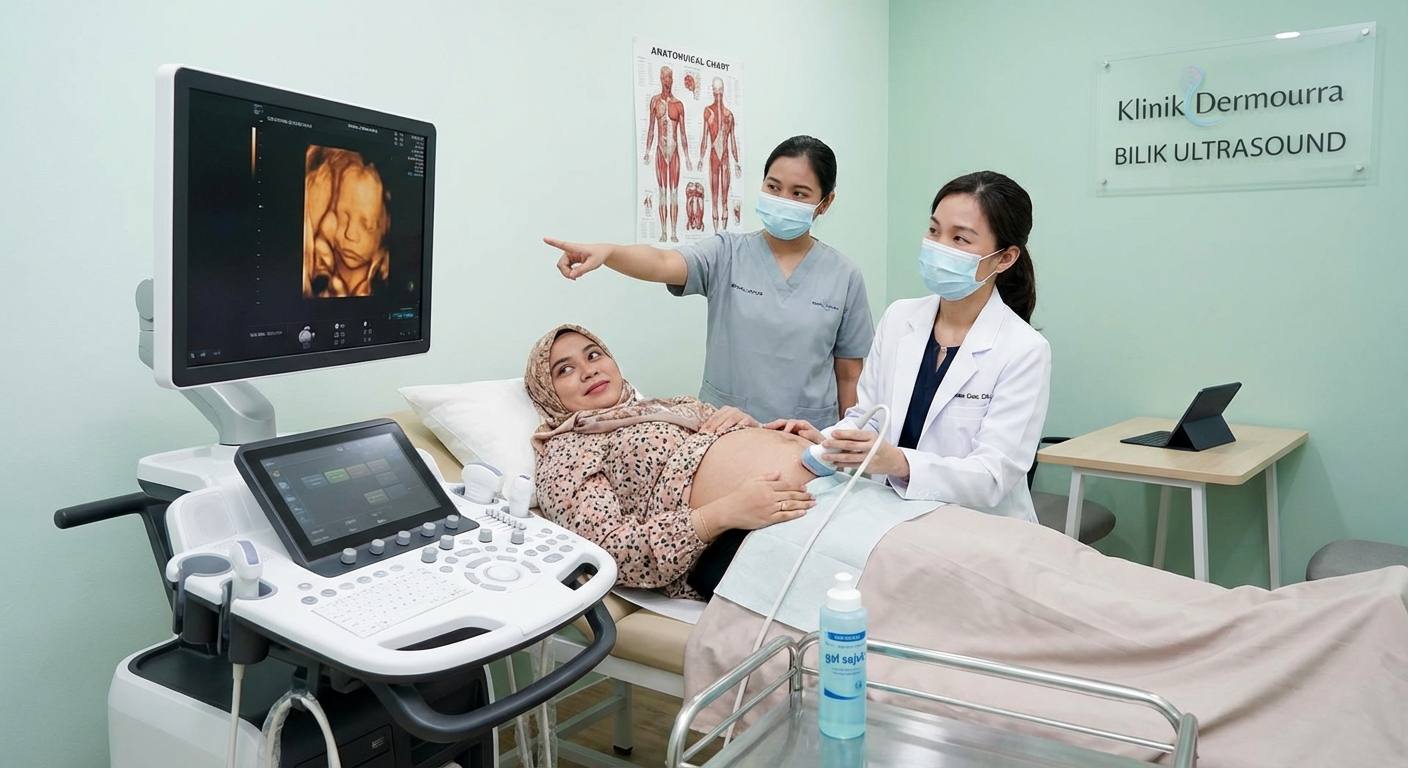 Situasi ibu hamil menjalani imbasan ultrasound 3D di klinik dengan doktor dan pegawai perubatan menggunakan mesin moden dan gel sejuk.