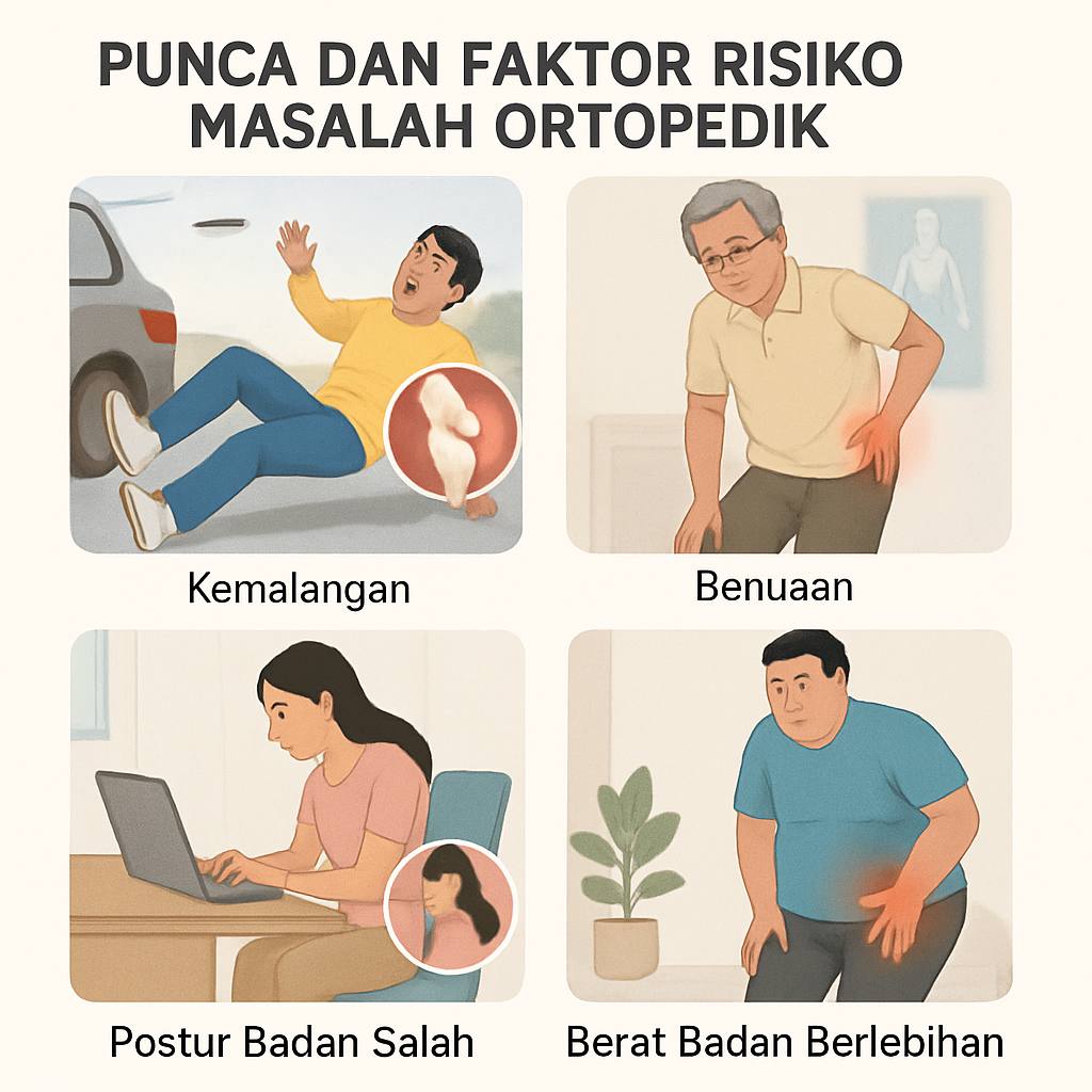 Ilustrasi punca dan faktor risiko masalah ortopedik termasuk kemalangan, penuaan, postur badan salah, dan berat badan berlebihan yang memberi tekanan pada sendi.
