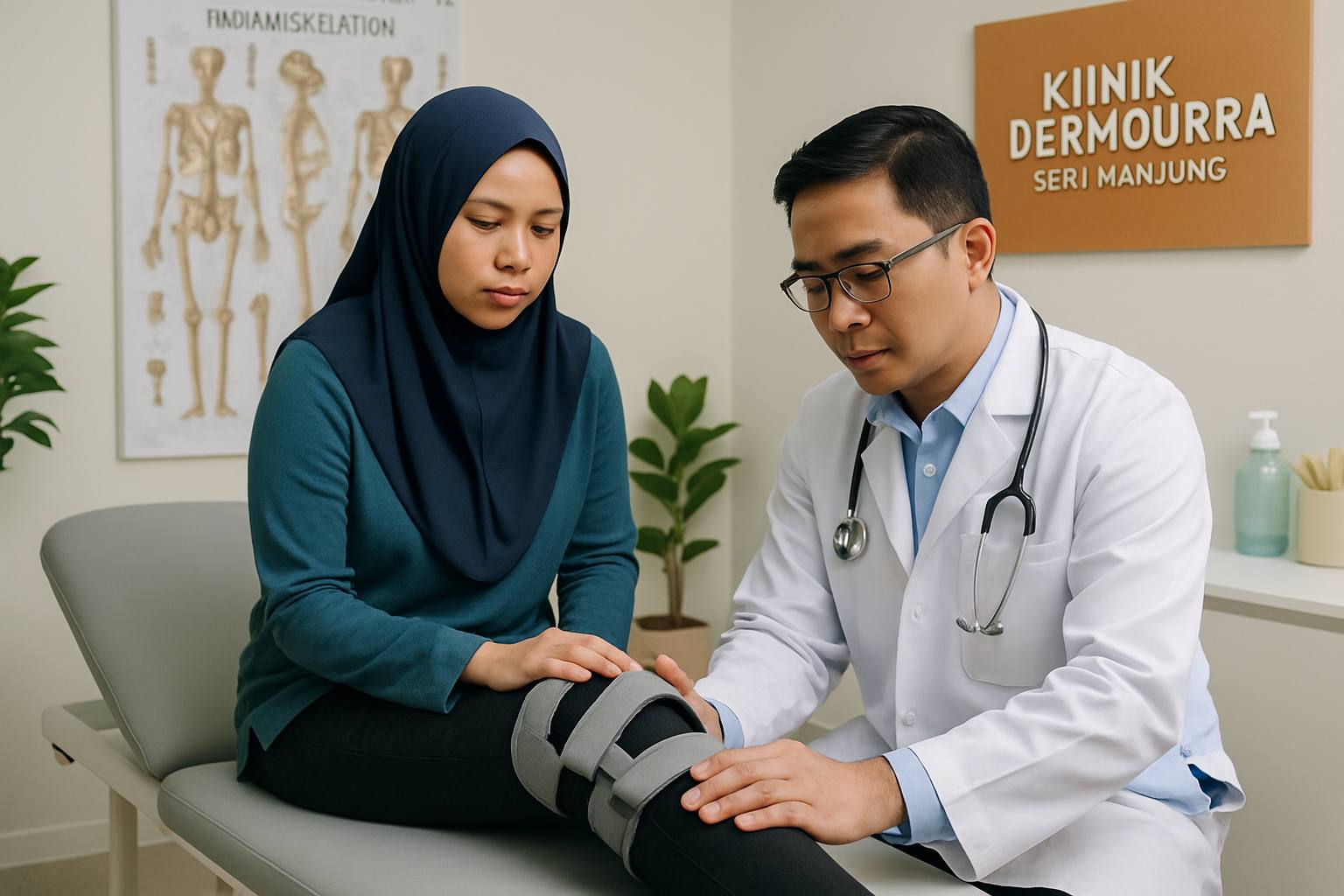 Visual rawatan di Klinik Dermourra, Seri Manjung dengan paparan doktor pakar sedang melakukan penilaian klinikal dan fisioterapi, serta penggunaan alat sokongan seperti pendakap atau splint.