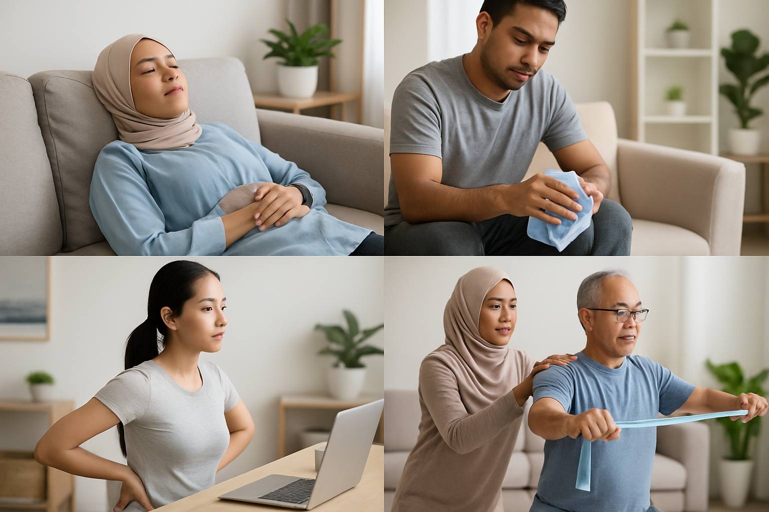 Gambaran penjagaan diri di rumah seperti rehat, penggunaan ais pada kawasan bengkak, amalan postur badan yang betul, dan senaman fisioterapi untuk memulihkan fungsi sendi dan otot.