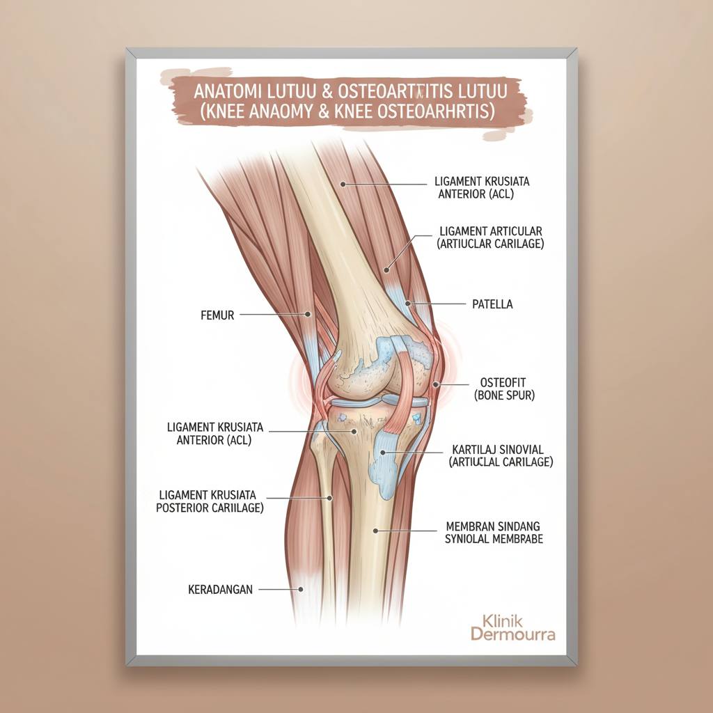 Ilustrasi anatomi lutut menunjukkan sendi, ligamen, dan otot dengan tanda-tanda keradangan dan kerosakan osteoarthritis