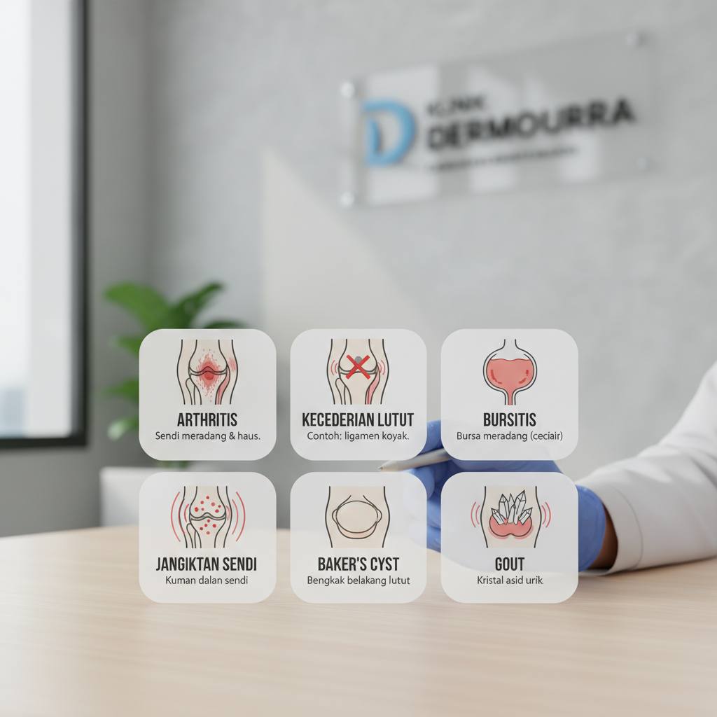 Gambar punca-punca lutut bengkak termasuk arthritis, kecederaan lutut, bursitis, jangkitan sendi, cyst Baker, dan gout dengan visual yang mudah difahami dalam bahasa Malaysia.
