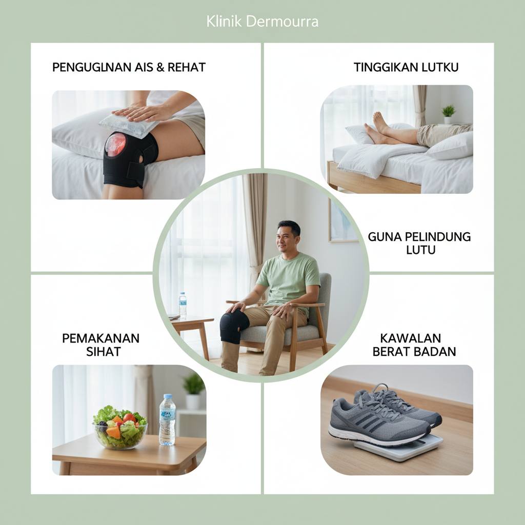 Ilustrasi penjagaan lutut di rumah termasuk penggunaan ais, rehat, angkat lutut, penggunaan pelindung lutut (knee brace), serta pemakanan sihat dan kawalan berat badan dalam bahasa Malaysia.