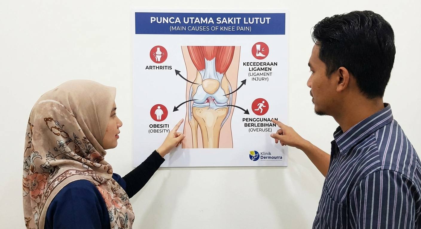 Ilustrasi punca utama sakit lutut seperti arthritis, kecederaan ligamen, obesiti, dan penggunaan berlebihan dengan lakaran anatomi lutut dan faktor penyebab