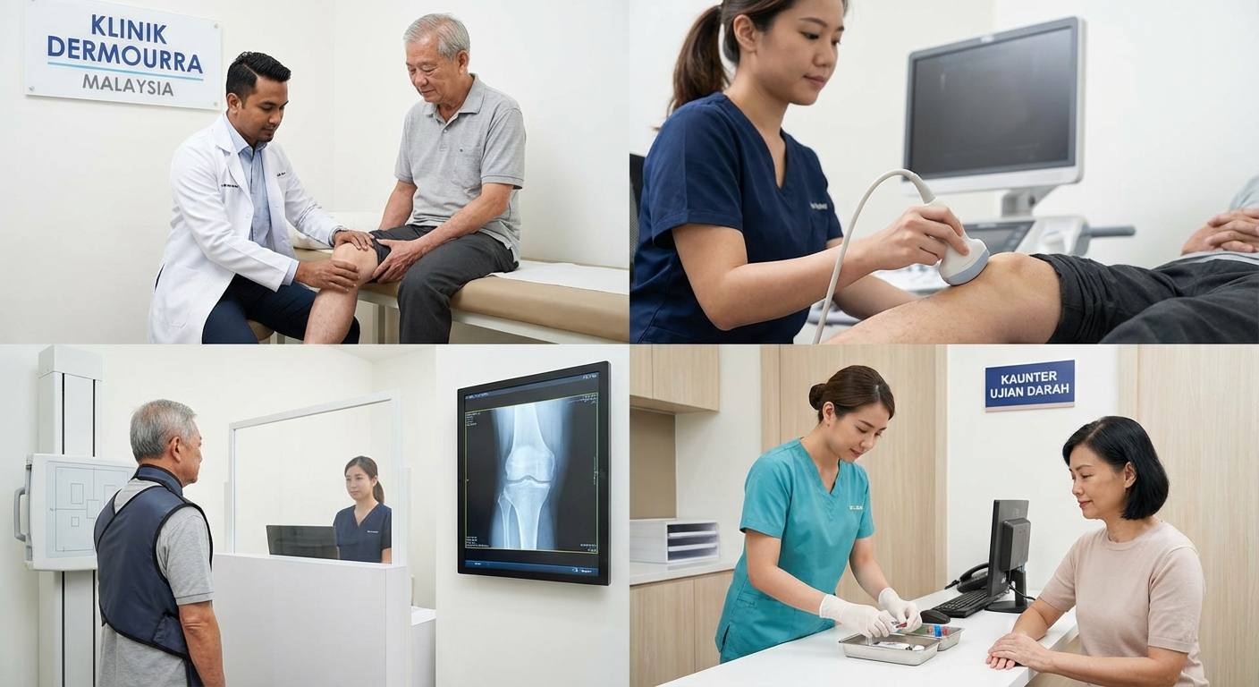 Visual proses diagnosis di Klinik Dermourra termasuk pemeriksaan doktor, ultrasound, X-ray dan ujian darah yang dilakukan untuk mengenal pasti masalah lutut