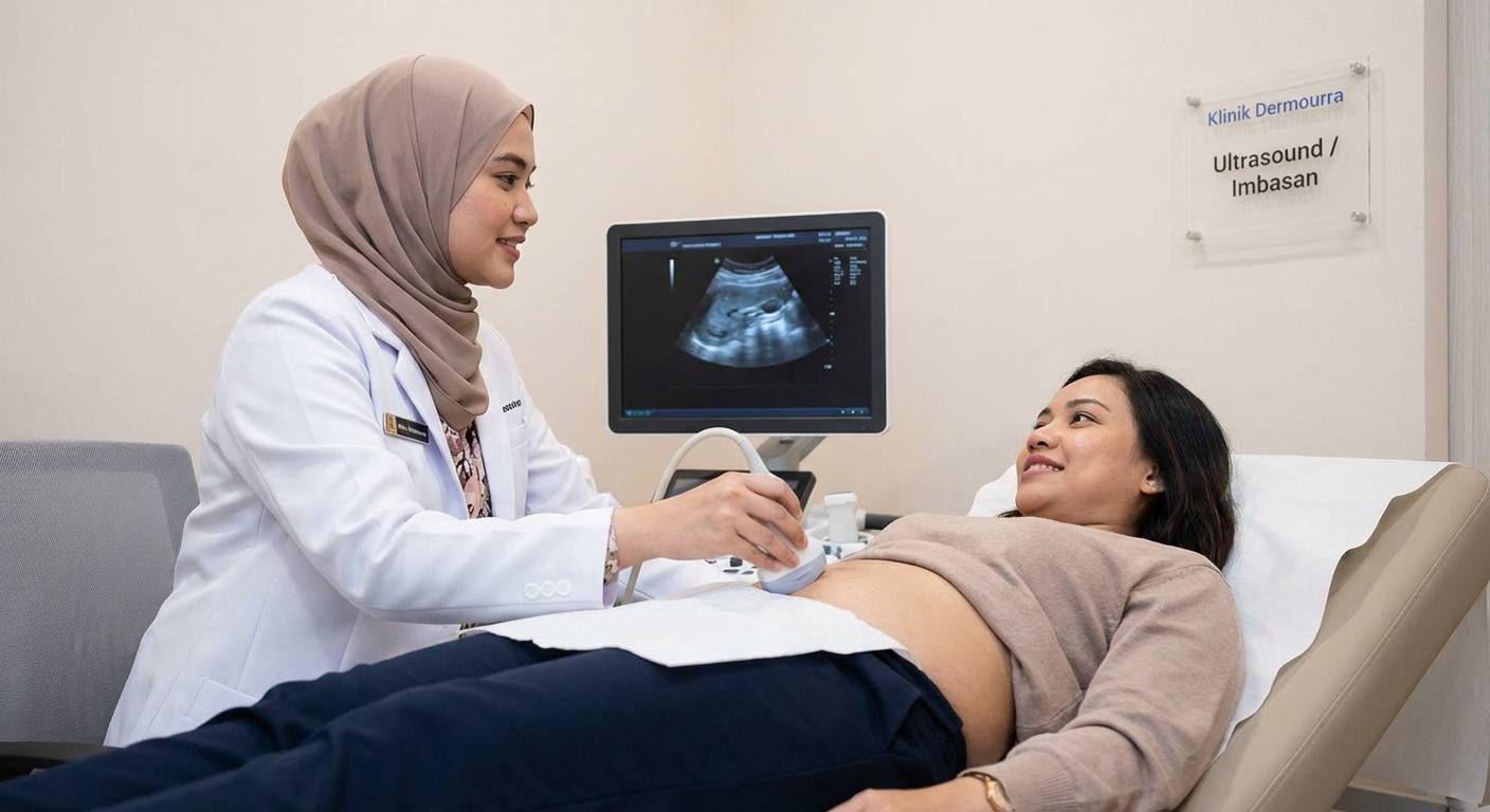 Seorang doktor di Klinik Dermourra sedang menjalankan imbasan ultrasound perut kepada pesakit dalam bilik pemeriksaan yang selesa dan moden.