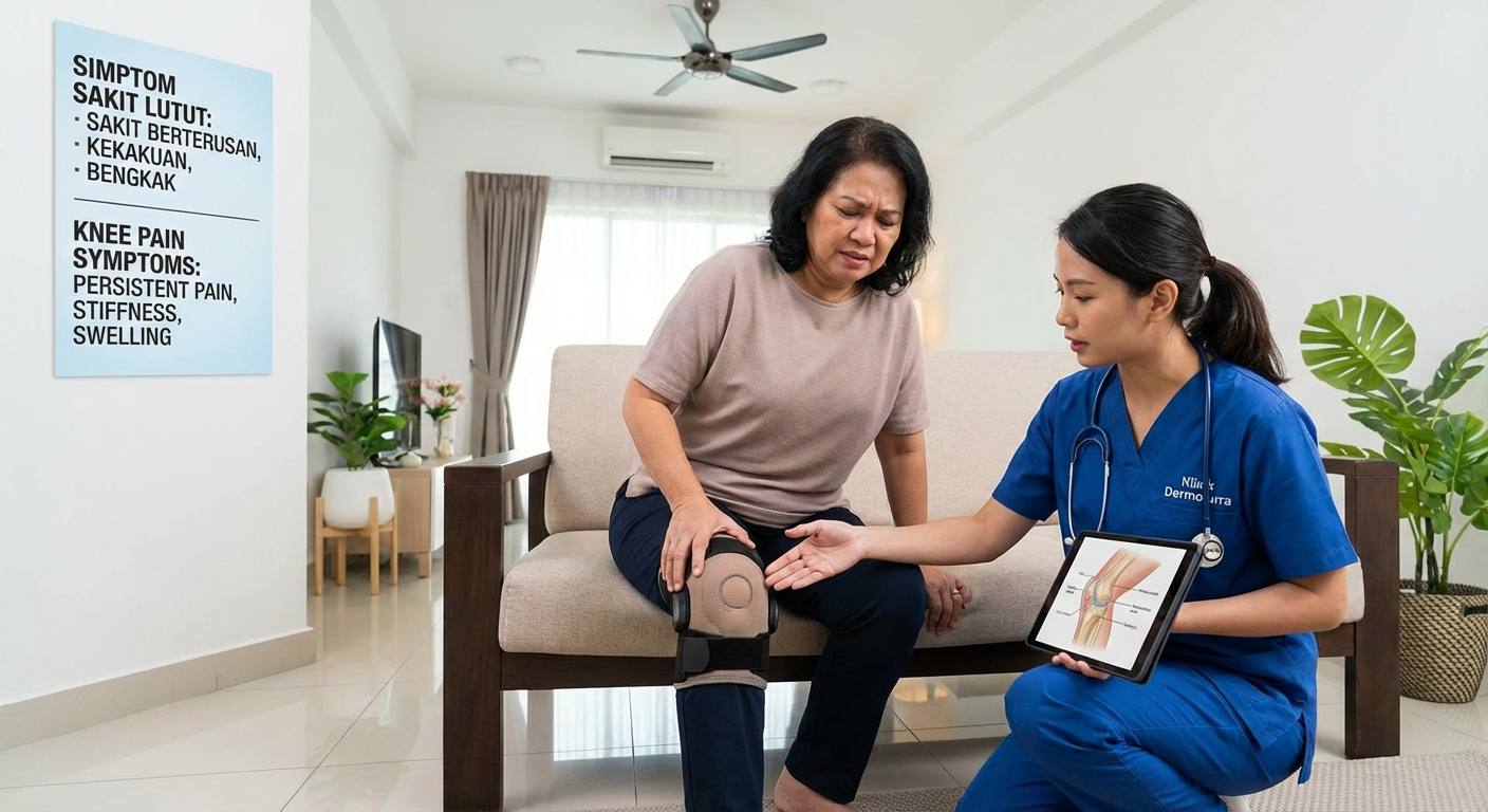 Gambaran simptom sakit lutut yang termasuk sakit berterusan, kekakuan, bengkak dan ketidakstabilan sendi dalam konteks aktiviti harian.