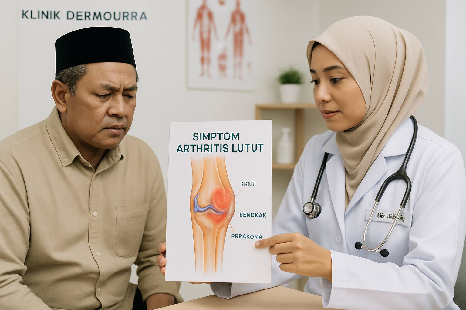 Ilustrasi simptom arthritis lutut menunjukkan sakit, bengkak dan kekakuan pada sendi lutut