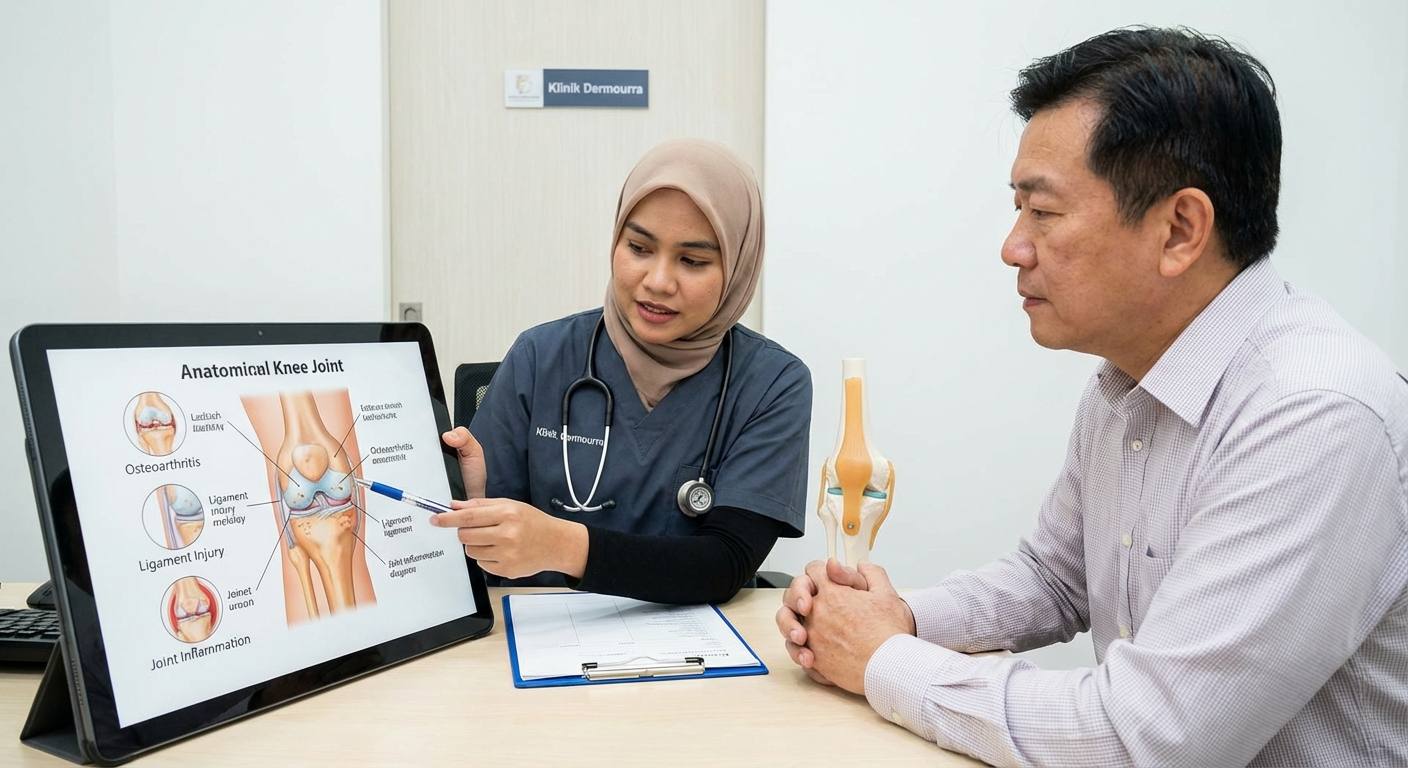 Gambar anatomi lutut menunjukkan punca sakit seperti osteoartritis, kecederaan ligamen dan radang sendi
