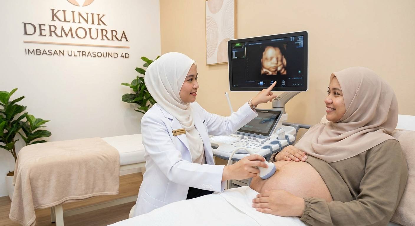 Suasana klinik moden dan mesra di Klinik Dermourra di Seri Manjung dengan ibu hamil melakukan imbasan ultrasound 4D dengan doktor menggunakan teknologi canggih, menunjukkan bilik pemeriksaan selesa dan peralatan perubatan terkini