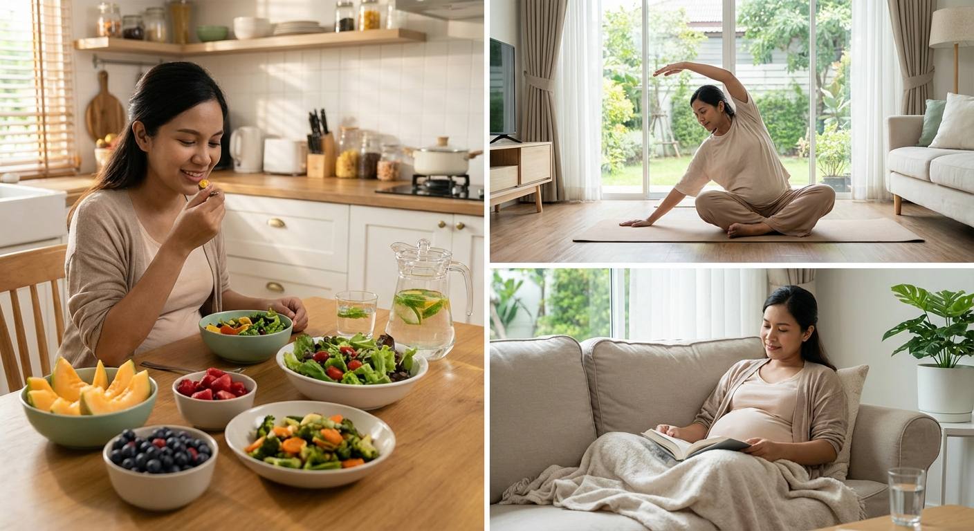 Ilustrasi ibu hamil melakukan aktiviti penjagaan diri di rumah seperti makan makanan seimbang, melakukan senaman ringan, dan merehatkan diri dengan latar buah-buahan, sayur-sayuran, air minuman, dan suasana rumah yang tenang